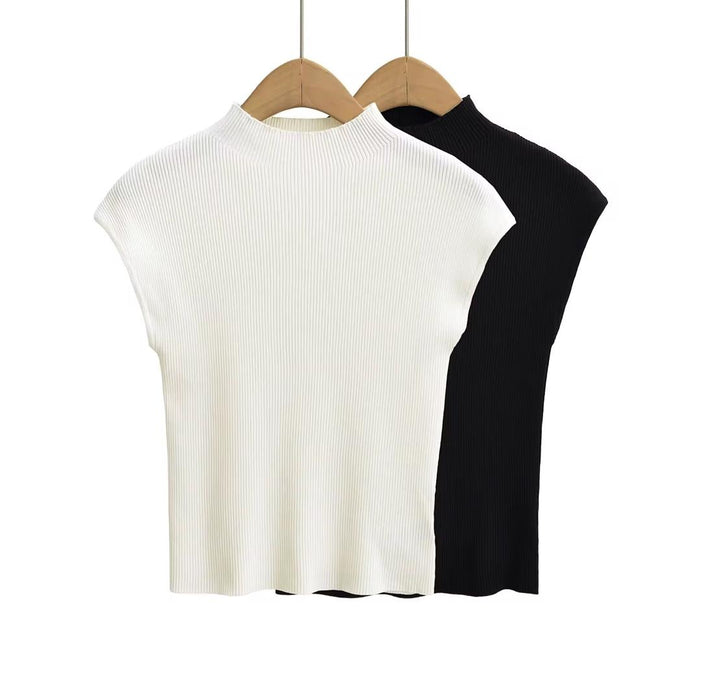 Women 2024 New Fashion Half Collar Shoulder Vest Tank Tops Retro Casual Female Waistcoat Chic Tops