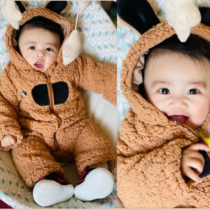 Baby Cartoon Ear Fleece Hooded Bear Romper