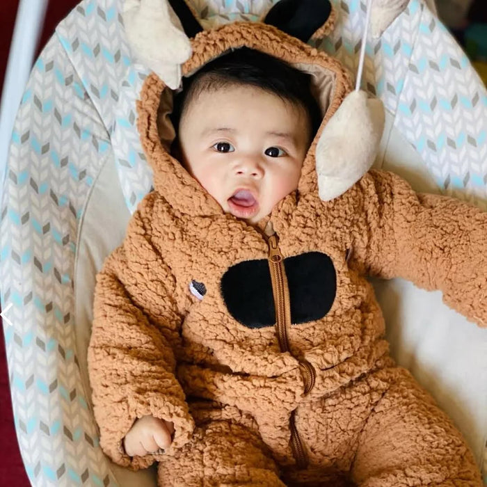 Baby Cartoon Ear Fleece Hooded Bear Romper