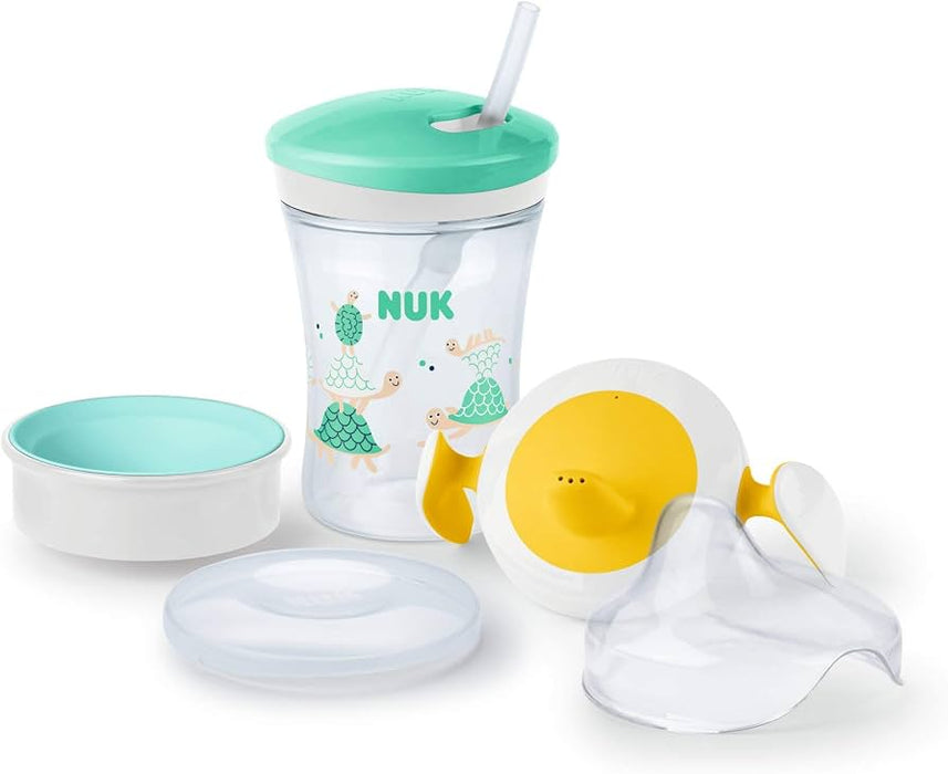 NUK 3-in-1 Drinking Set with Trainer Cup Trainer Cup Sippy Cup (6+ Months), Magic Cup 360° Drinking Cup (8+ M) & Action Cup Drinking Bottle Children (12+ M) | 230 ml | BPA-Free