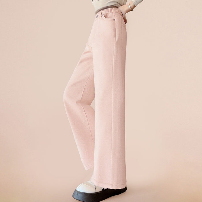 Girls Soft Denim Straight Leg Pants High Waist Casual Trousers Kids Solid Pink Jeans 27-31