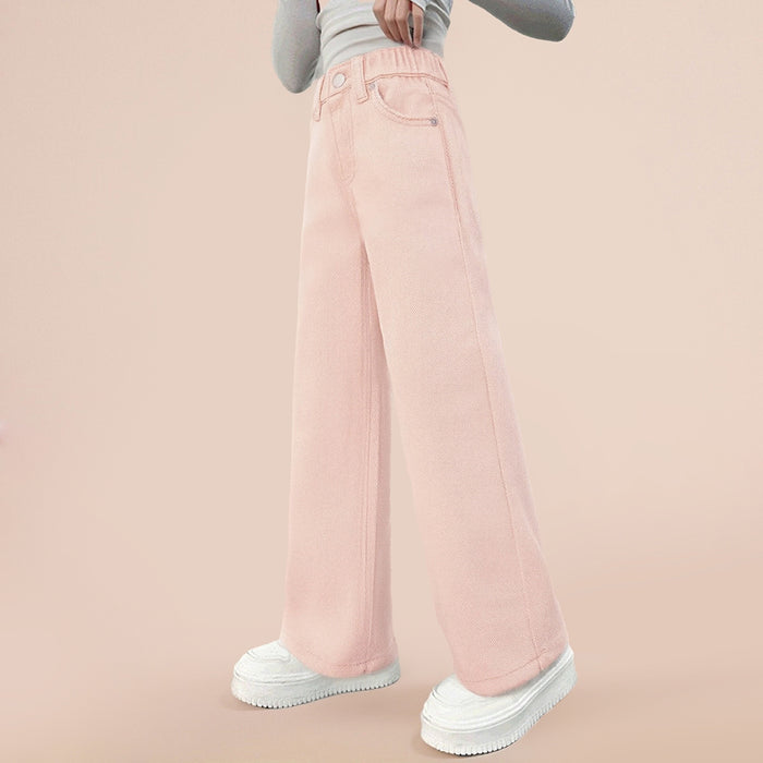 Girls Soft Denim Straight Leg Pants High Waist Casual Trousers Kids Solid Pink Jeans 27-31