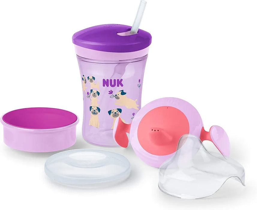 NUK 3-in-1 Drinking Set with Trainer Cup Trainer Cup Sippy Cup (6+ Months), Magic Cup 360° Drinking Cup (8+ M) & Action Cup Drinking Bottle Children (12+ M) | 230 ml | BPA-Free