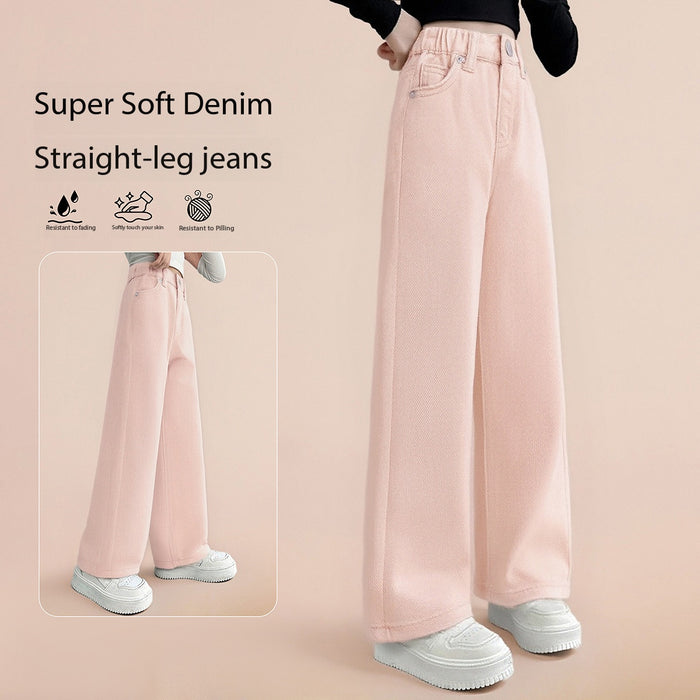 Girls Soft Denim Straight Leg Pants High Waist Casual Trousers Kids Solid Pink Jeans 27-31