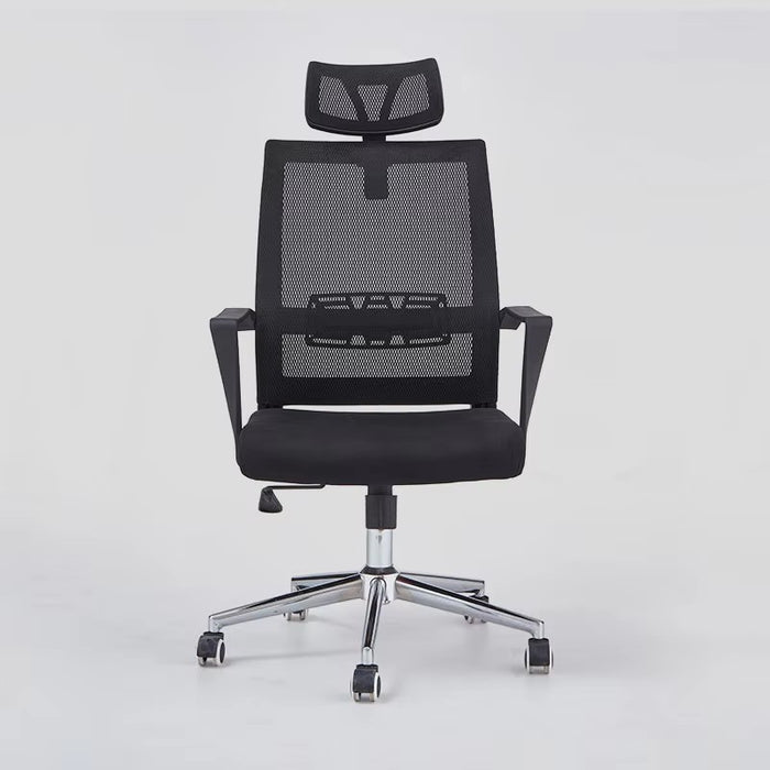 Ergonomic white-back office chair with breathable mesh, adjustable height, and chrome base.