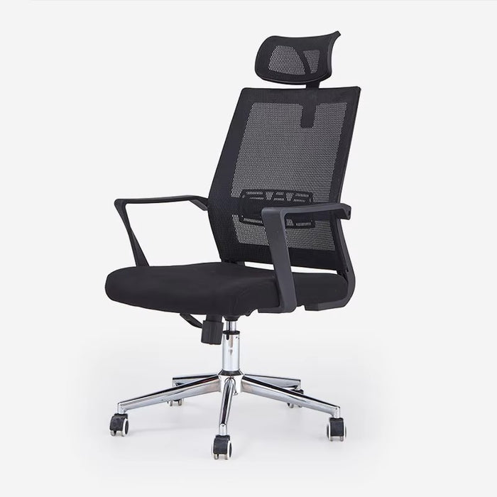 Ergonomic white-back office chair with breathable mesh, adjustable height, and chrome base.