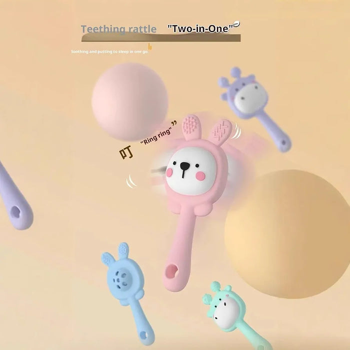 Baby Teething Rattle Toy, Sensory Grasping Teether for Infants 3-12 Months, Silicone Easy to Hold, Soothing & Developmental (Bl