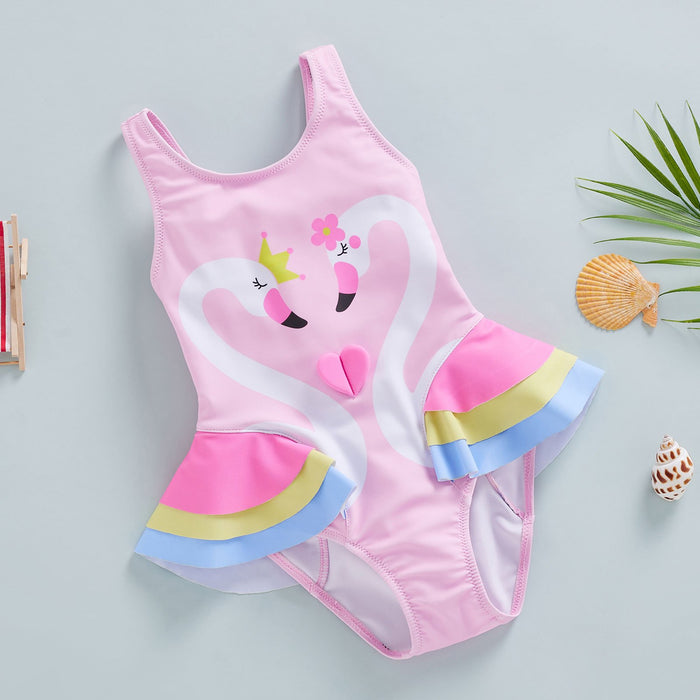 Fortune Kid Girls Swan Print Swimsuit Sleeveless Swimwear Beach Ruffle Bodysuit