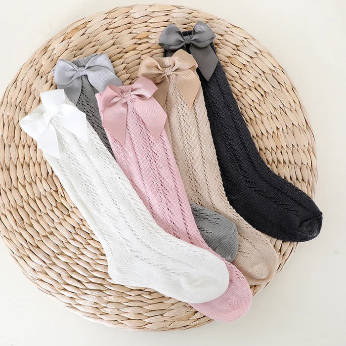 Lace Cable Bow Knee High Socks in Pink and Grey- Girls (S-XL)