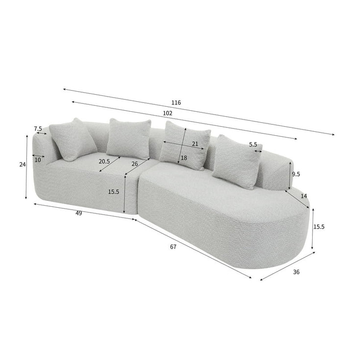 Christopher Knight Home Modern 116" Curved Sectional Sofa Couch, Upholstered Chaise Lounge with 4 Pillows, White Gray