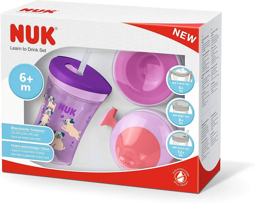NUK 3-in-1 Drinking Set with Trainer Cup Trainer Cup Sippy Cup (6+ Months), Magic Cup 360° Drinking Cup (8+ M) & Action Cup Drinking Bottle Children (12+ M) | 230 ml | BPA-Free