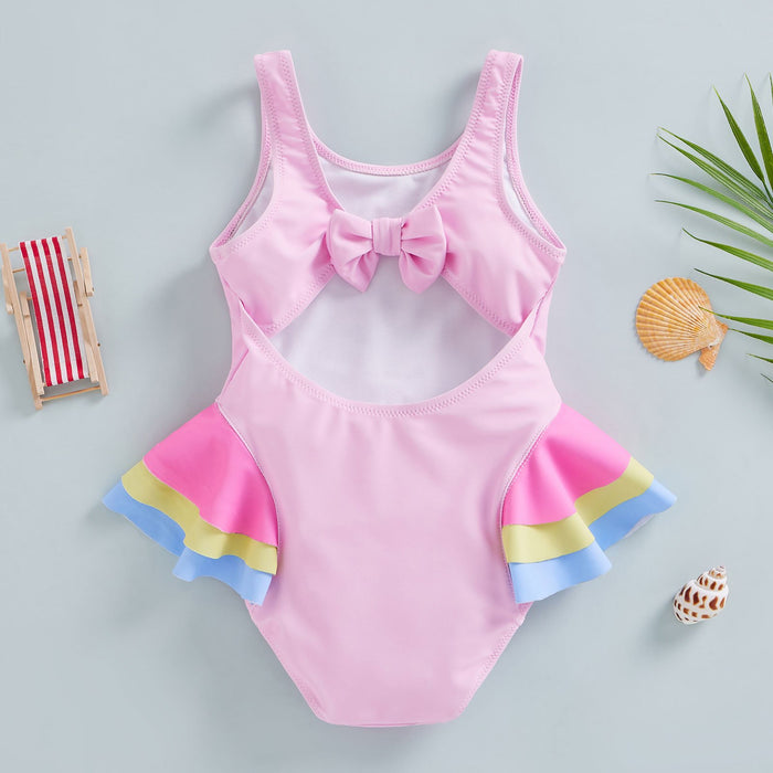 Fortune Kid Girls Swan Print Swimsuit Sleeveless Swimwear Beach Ruffle Bodysuit